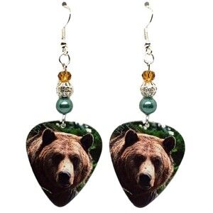 Grizzly BEAR on Guitar Pick Beaded Animal Earrings - Handmade in USA New SALE!